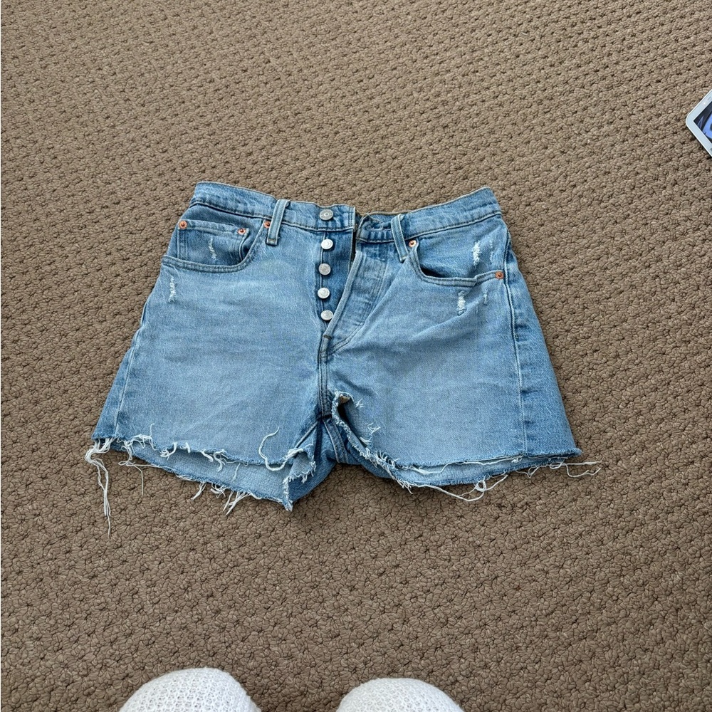 Levi's Blue High-Waisted Jean Shorts with Frayed Hem